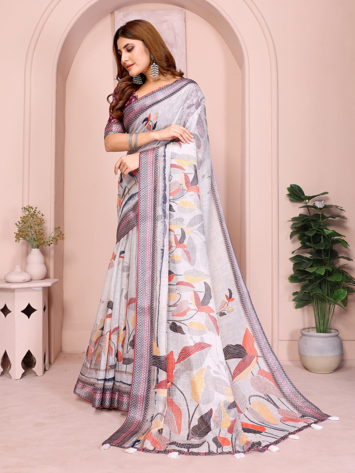 Grey Floral Linen Cotton Saree with Zari Border Style for Women