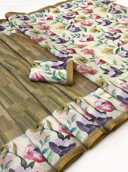 Floral Linen Digital Print Saree with Gold Border for Women