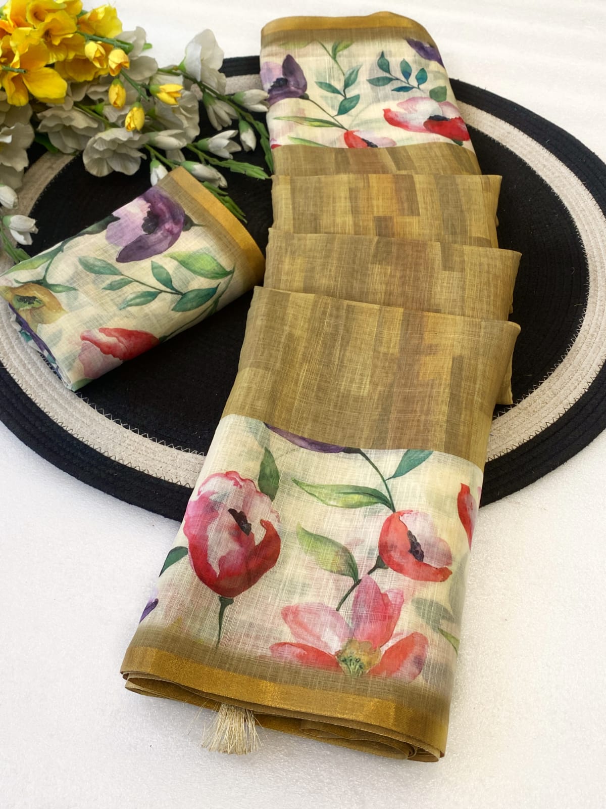 Floral Linen Digital Print Saree with Gold Border for Women