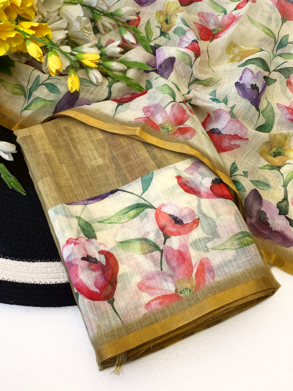 Floral Linen Digital Print Saree with Gold Border for Women