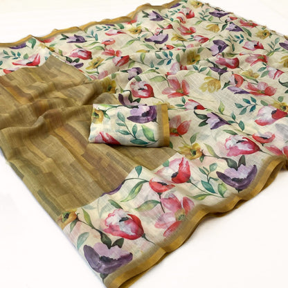 Floral Linen Digital Print Saree with Gold Border for Women