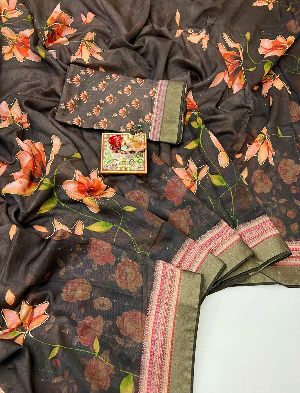 Floral Olive Cotton Saree With Work Blouse for Women