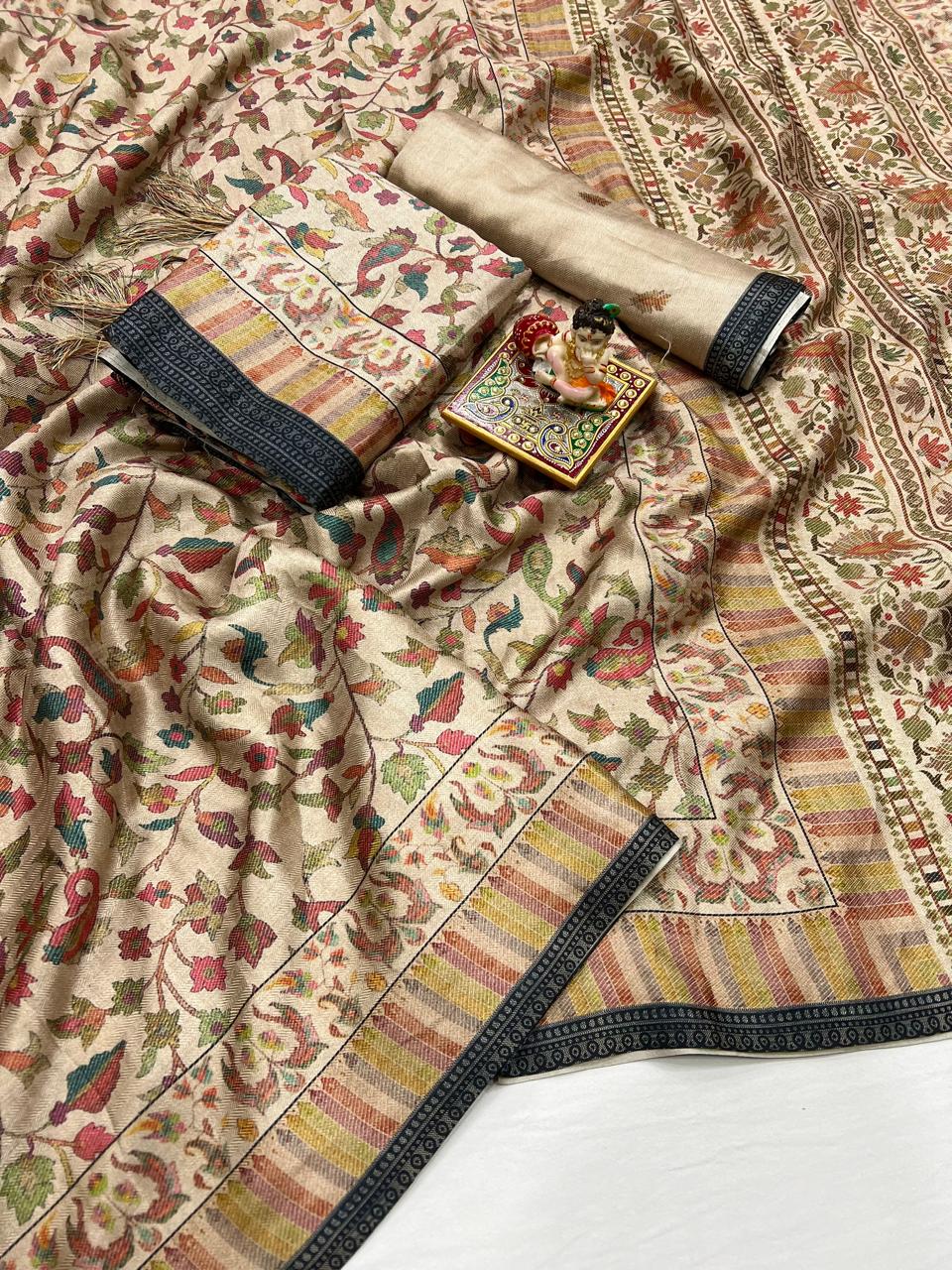 Floral Pashmina Saree With Shawl & Blouse