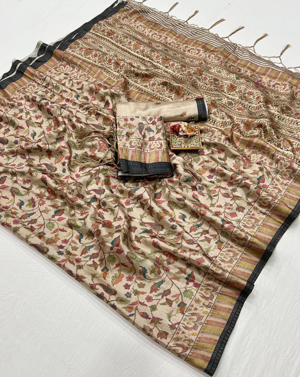 Floral Pashmina Saree With Shawl &amp; Blouse for Women
