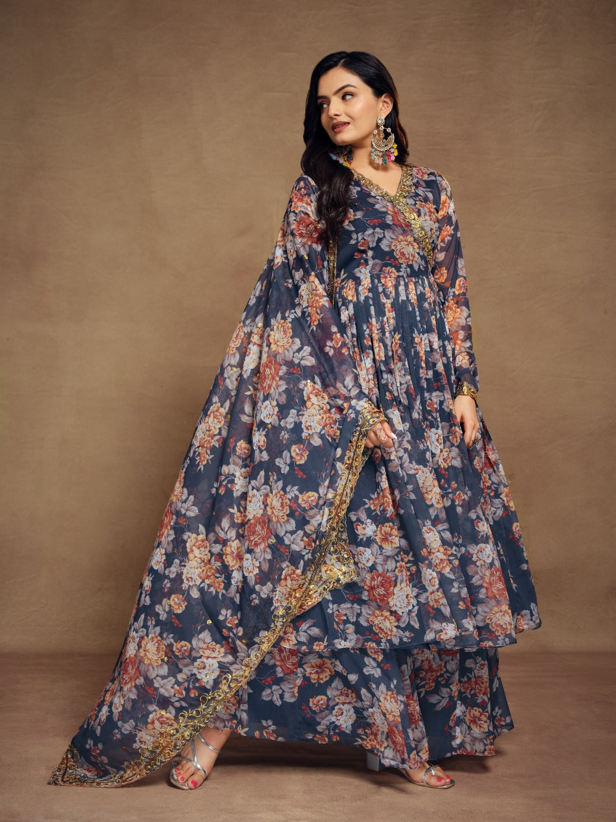 Floral Digital Printed Chiffon Kurti Palazzo Set with Zari Embroidery