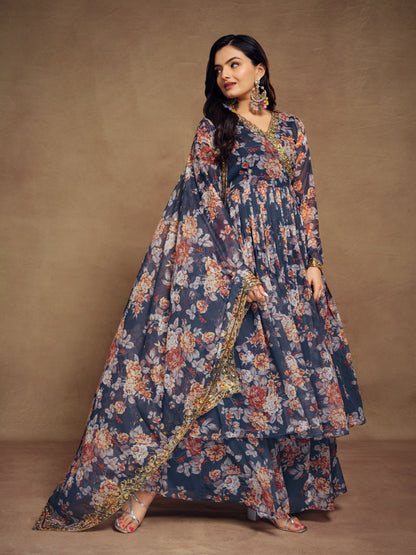 Floral Digital Printed Chiffon Kurti Palazzo Set with Zari Embroider 2