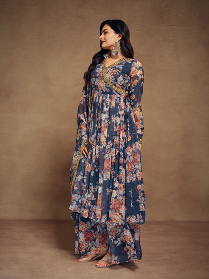 Floral Digital Printed Chiffon Kurti Palazzo Set with Zari Embroider 2