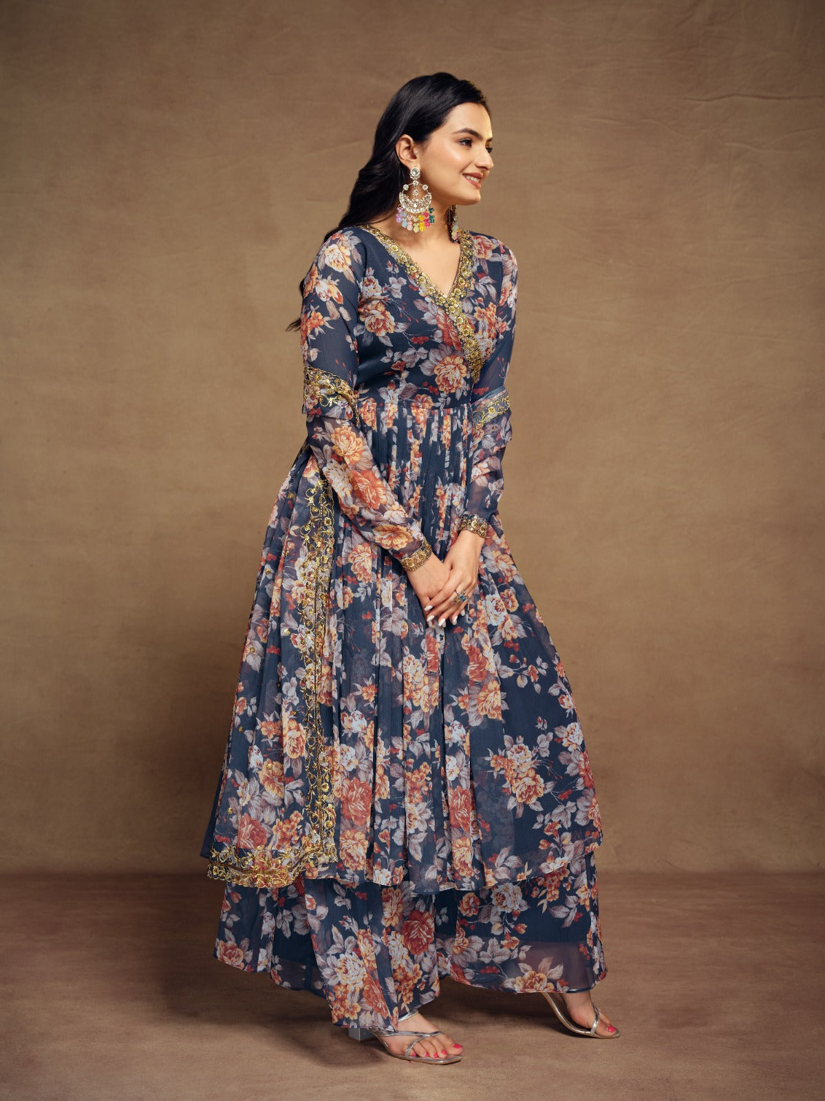 Floral Digital Printed Chiffon Kurti Palazzo Set with Zari Embroidery