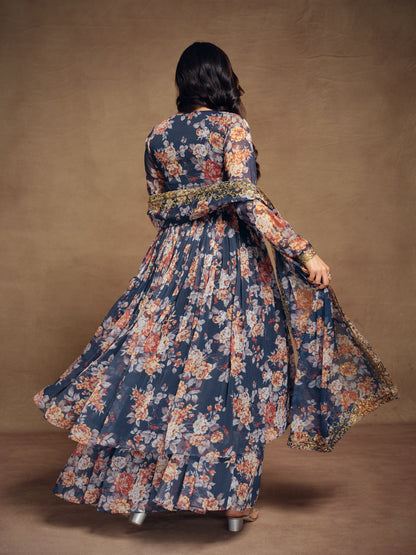Floral Digital Printed Chiffon Kurti Palazzo Set with Zari Embroider 2