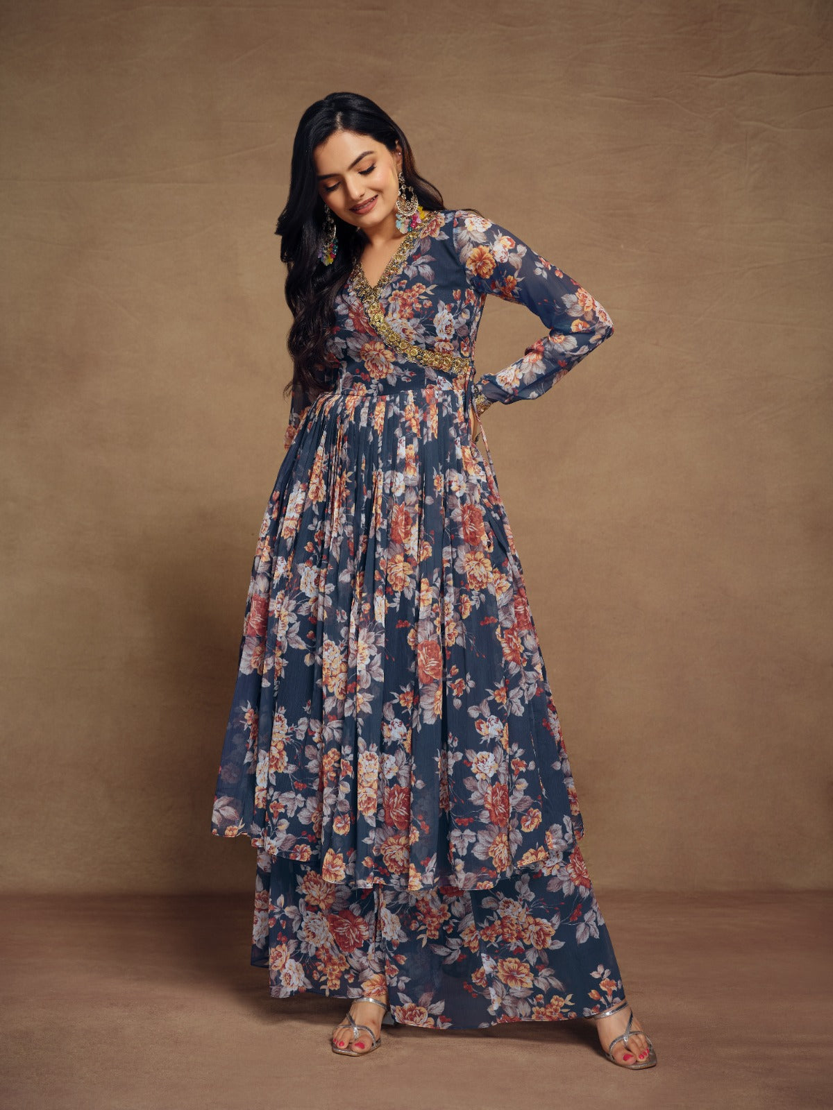 Floral Digital Printed Chiffon Kurti Palazzo Set with Zari Embroider 2