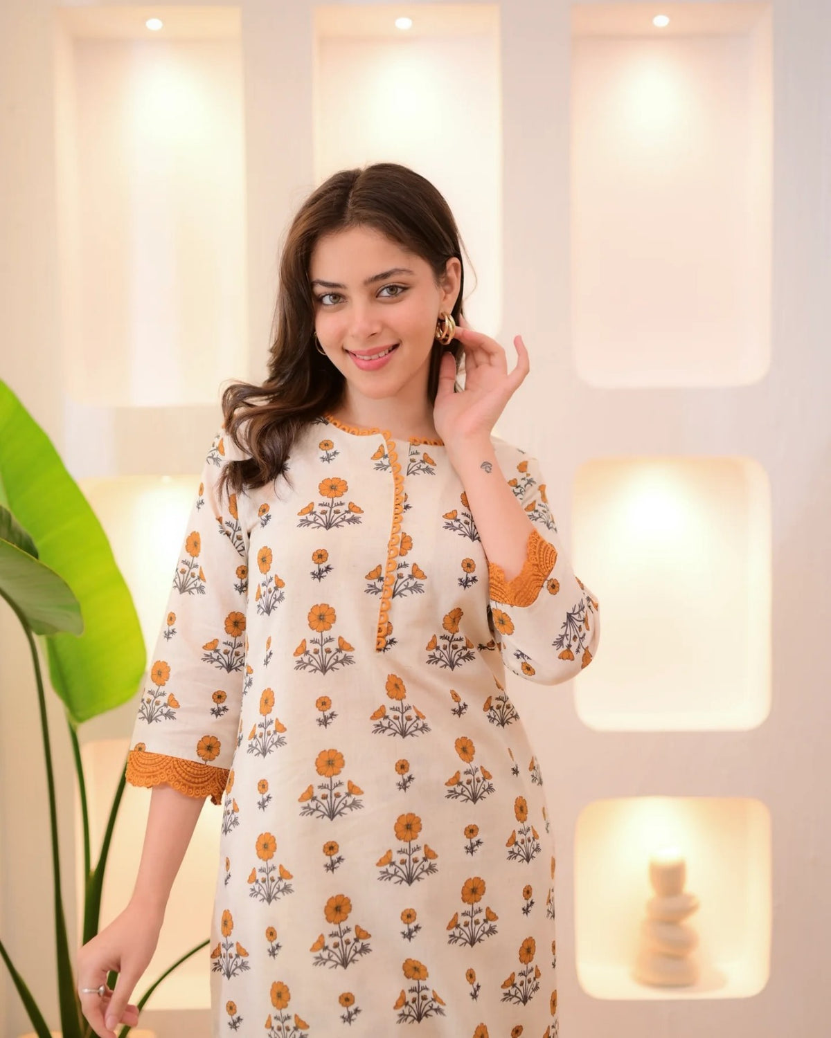Floral Rayon Kurta Pant Set Cream Orange for Women