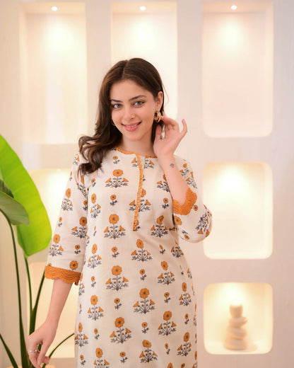 Floral Rayon Kurta Pant Set Cream Orange for Women