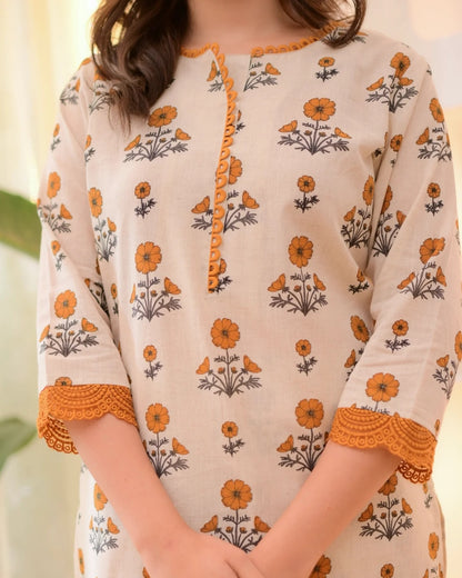 Floral Rayon Kurta Pant Set Cream Orange for Women