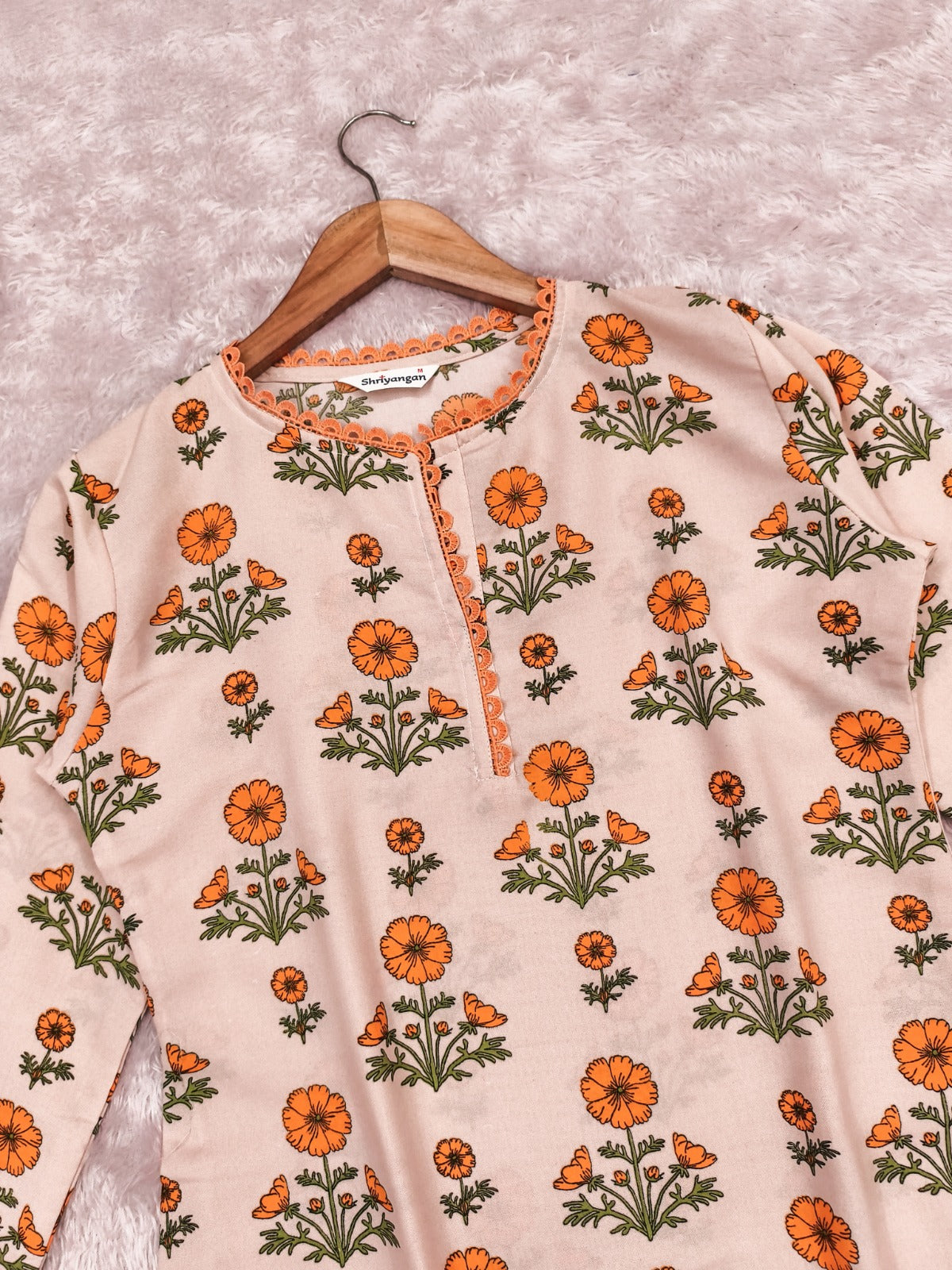Floral Rayon Kurta Pant Set Cream Orange for Women