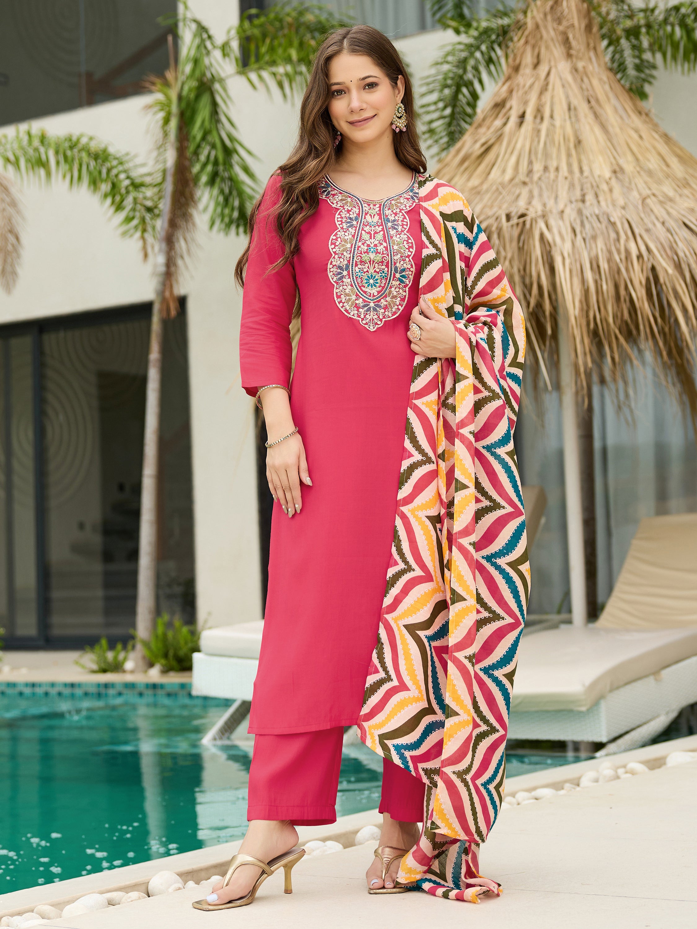 Gajri Embroidered Kurti Pant Dupatta Set Women