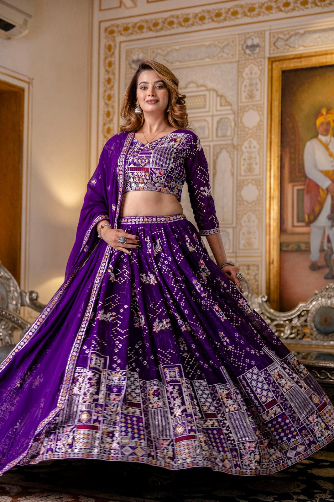 Blooming Georgette Sequins and Thread Embroidered Lehenga Set with Georgette Dupatta