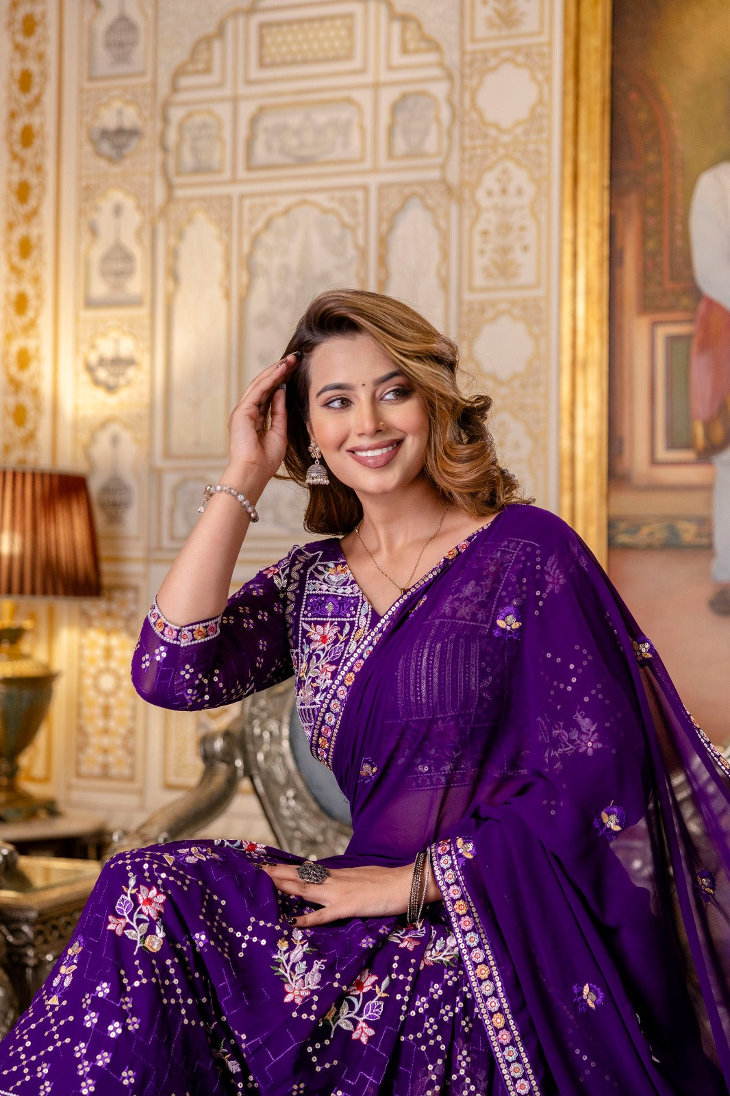 Blooming Georgette Sequins and Thread Embroidered Lehenga Set with