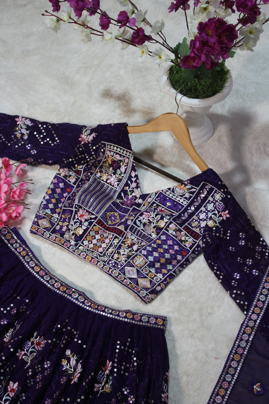 Blooming Georgette Sequins and Thread Embroidered Lehenga Set with