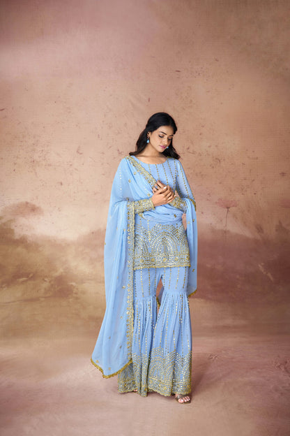 Georgette Embroidered Sharara Set with Sequin Work Top and Dupatta