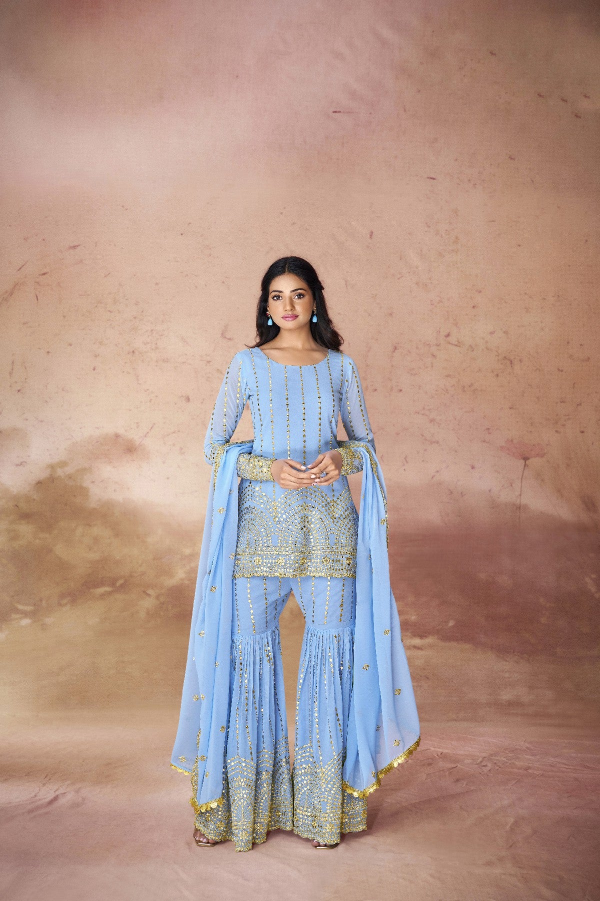 Georgette Embroidered Sharara Set with Sequin Work Top and Dupatta