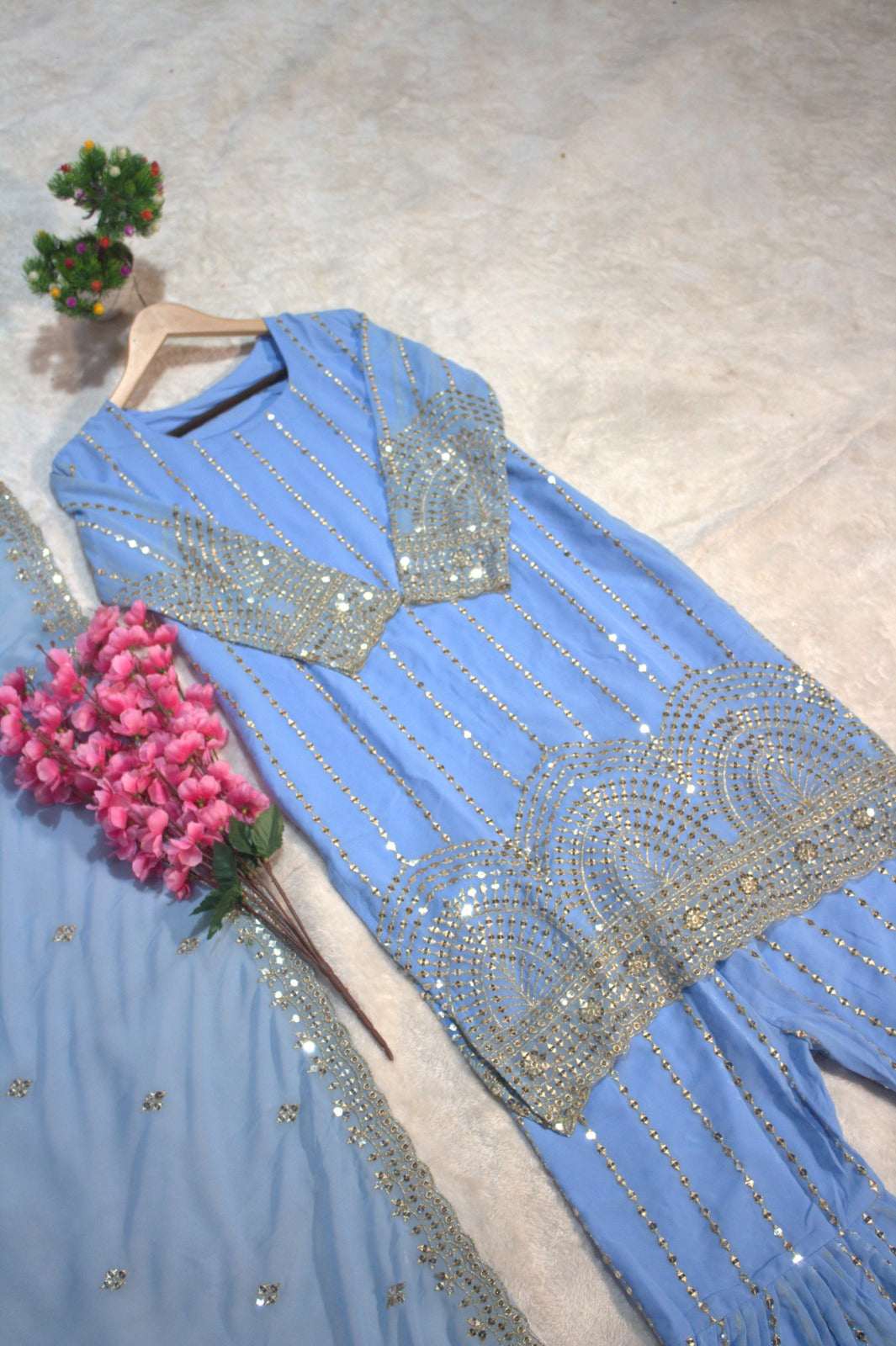 Georgette Embroidered Sharara Set with Sequin Work Top and Dupatta