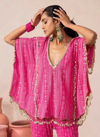 Georgette Sharara Set with Heavy Thread, Sequin and Mirror Embroidery