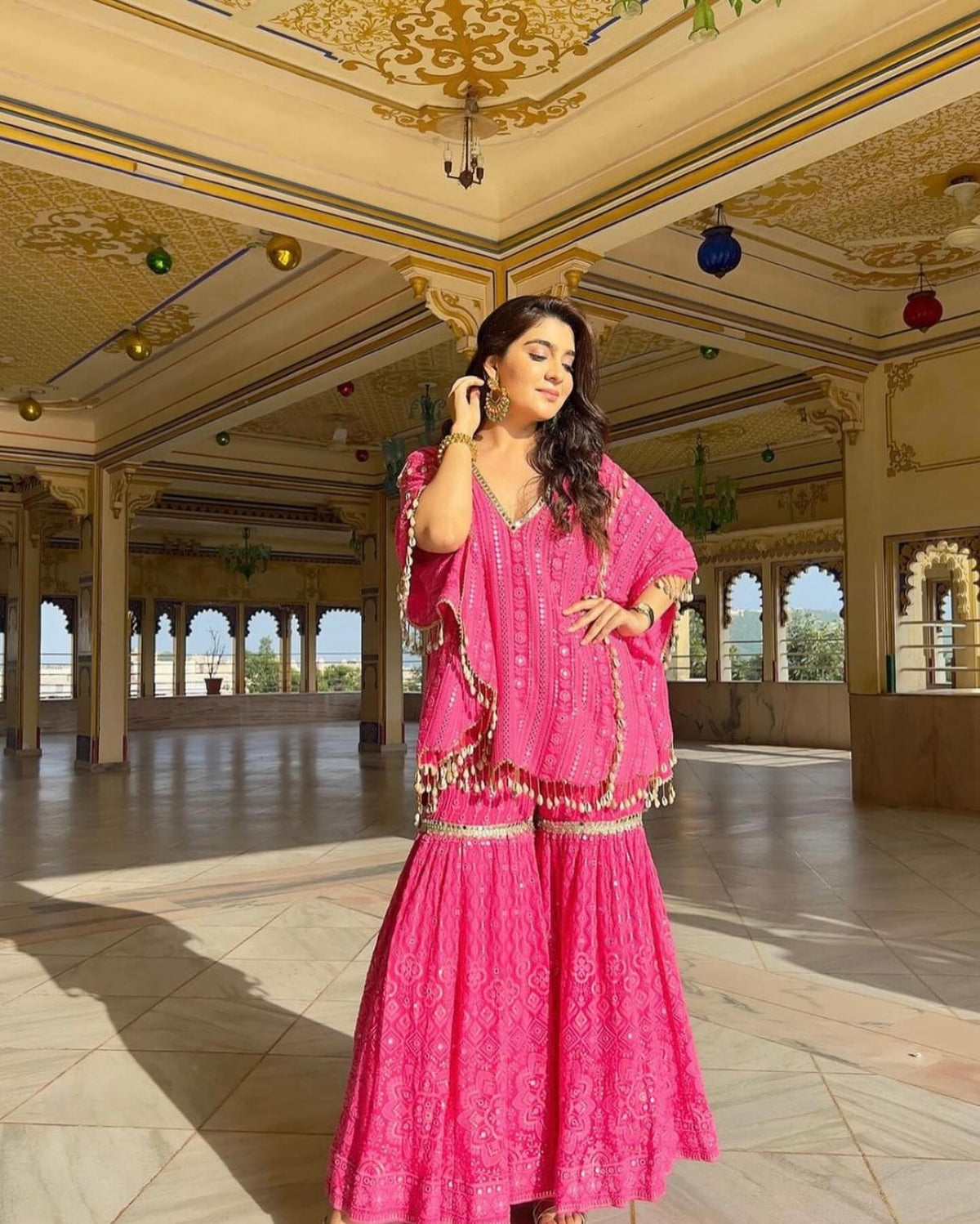 Georgette Sharara Set with Heavy Thread, Sequin and Mirror Embroidery