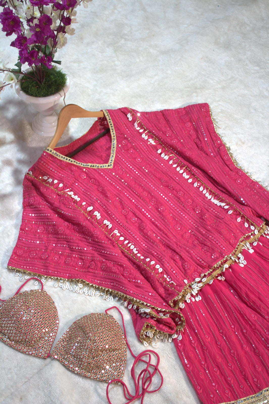 Georgette Sharara Set with Heavy Thread, Sequin and Mirror Embroidery