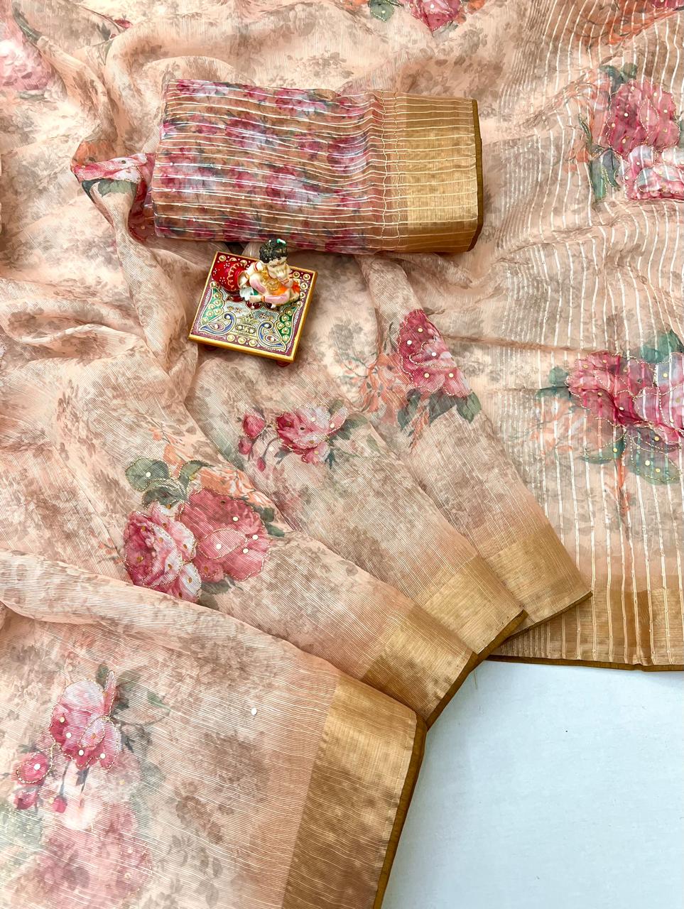 Soft Gold Blossom Organza Cotton Silk Designer Saree