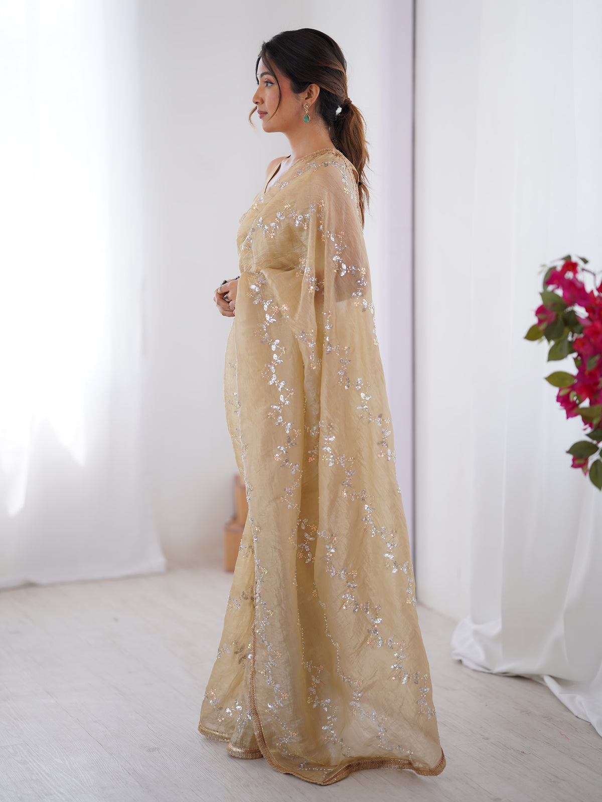 Golden Glow Gold Crush Embroidered Party Wear Saree for Women