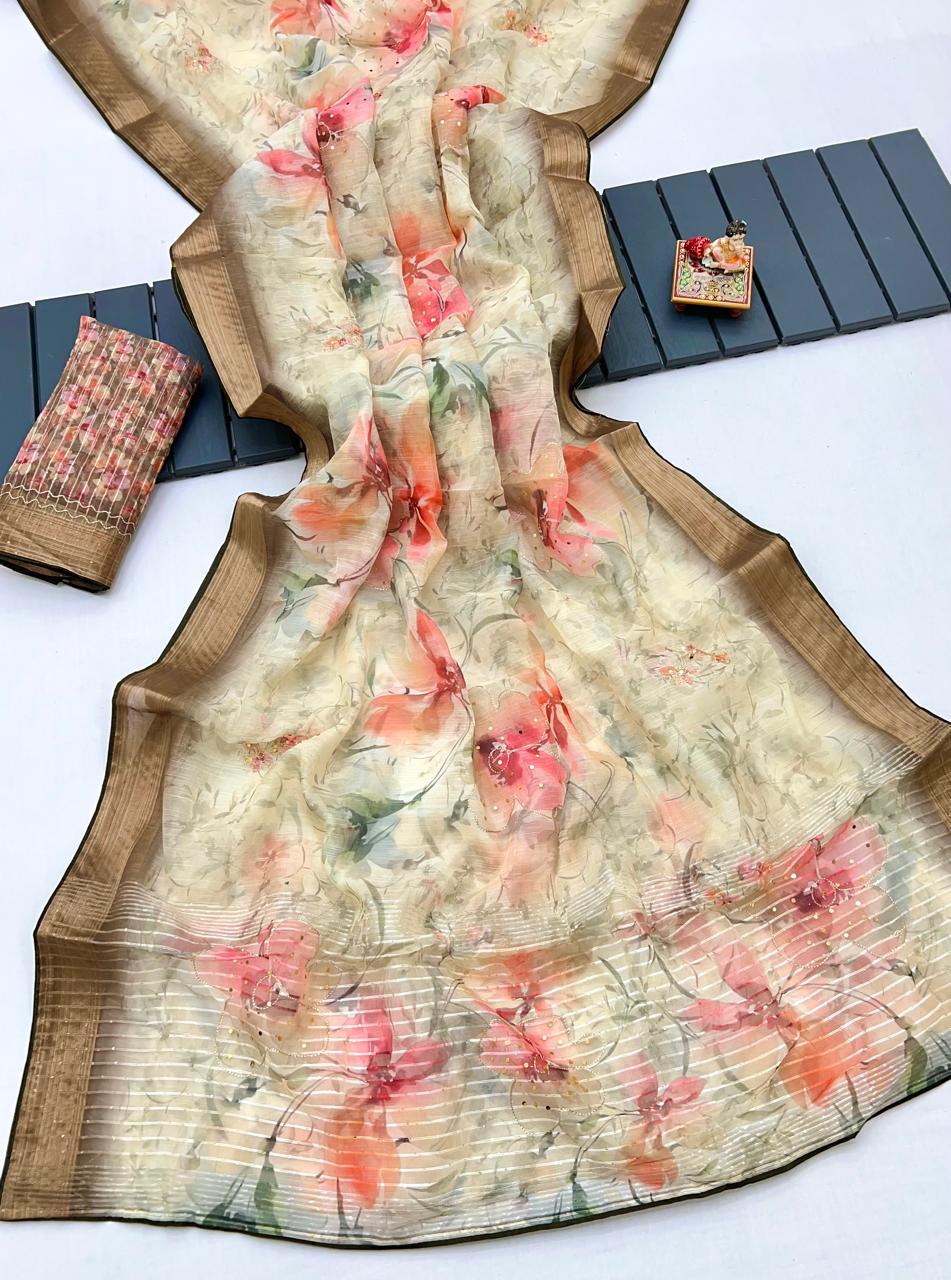 Golden Garden Organza Cotton Silk Designer Saree for Women