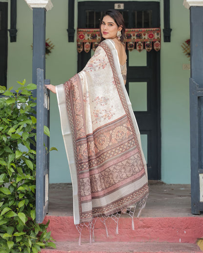 Graceful Beige Linen Saree with Traditional Designer Border for Women