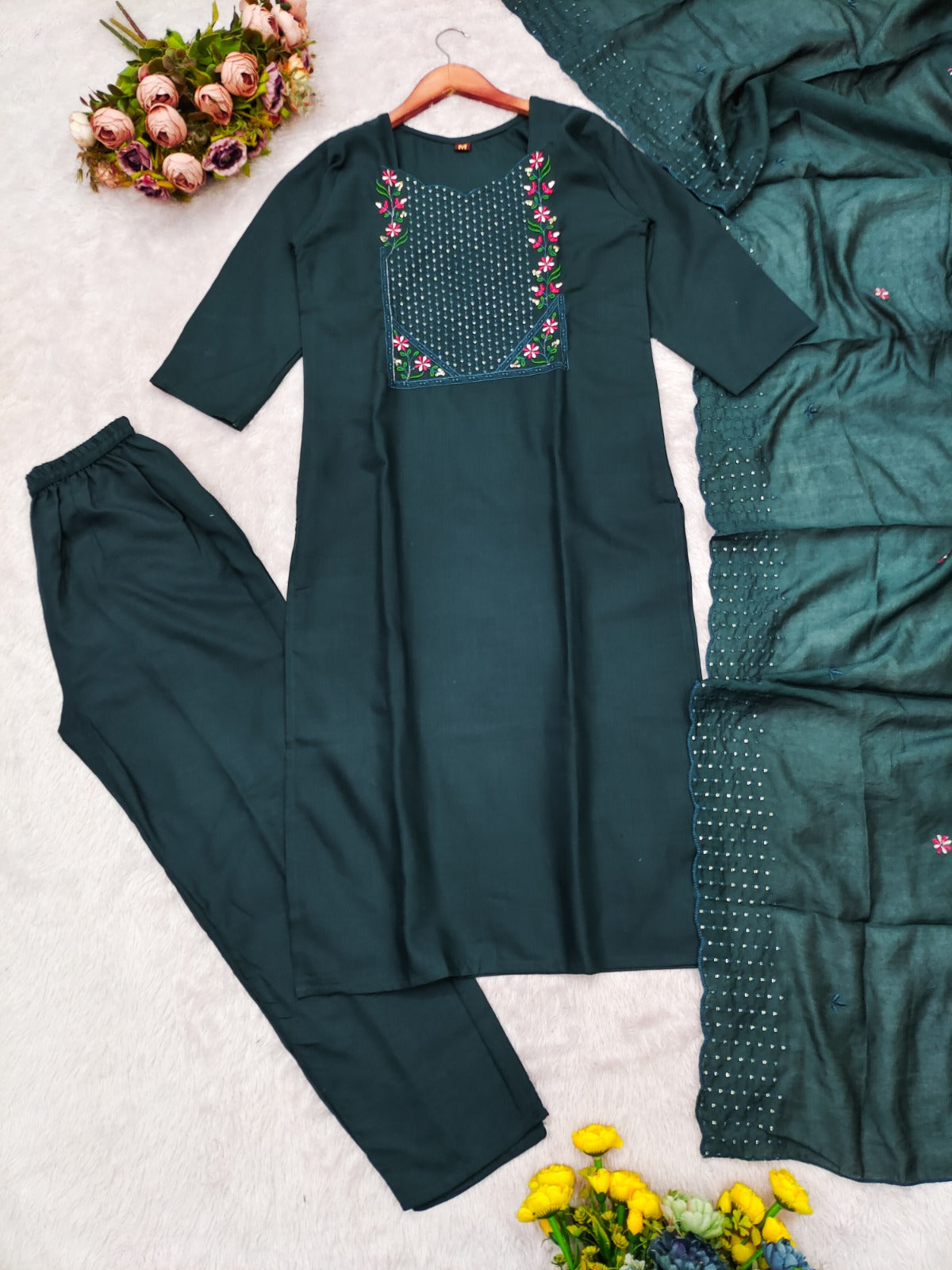 Graceful Dark Green Cotton Kurta Set for Women
