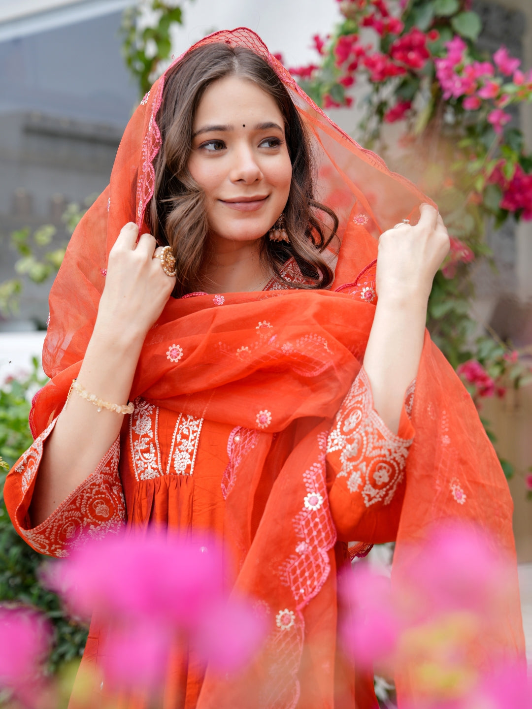 Graceful Orange Chanderi Kurta Pant Dupatta Set Women for Women
