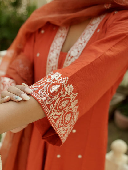 Graceful Orange Chanderi Kurta Pant Dupatta Set Women for Women