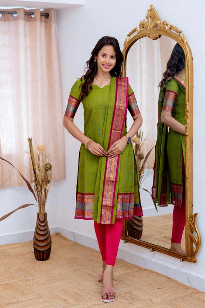 Graceful Parrot Green Straight Kurti Dupatta Set for Women