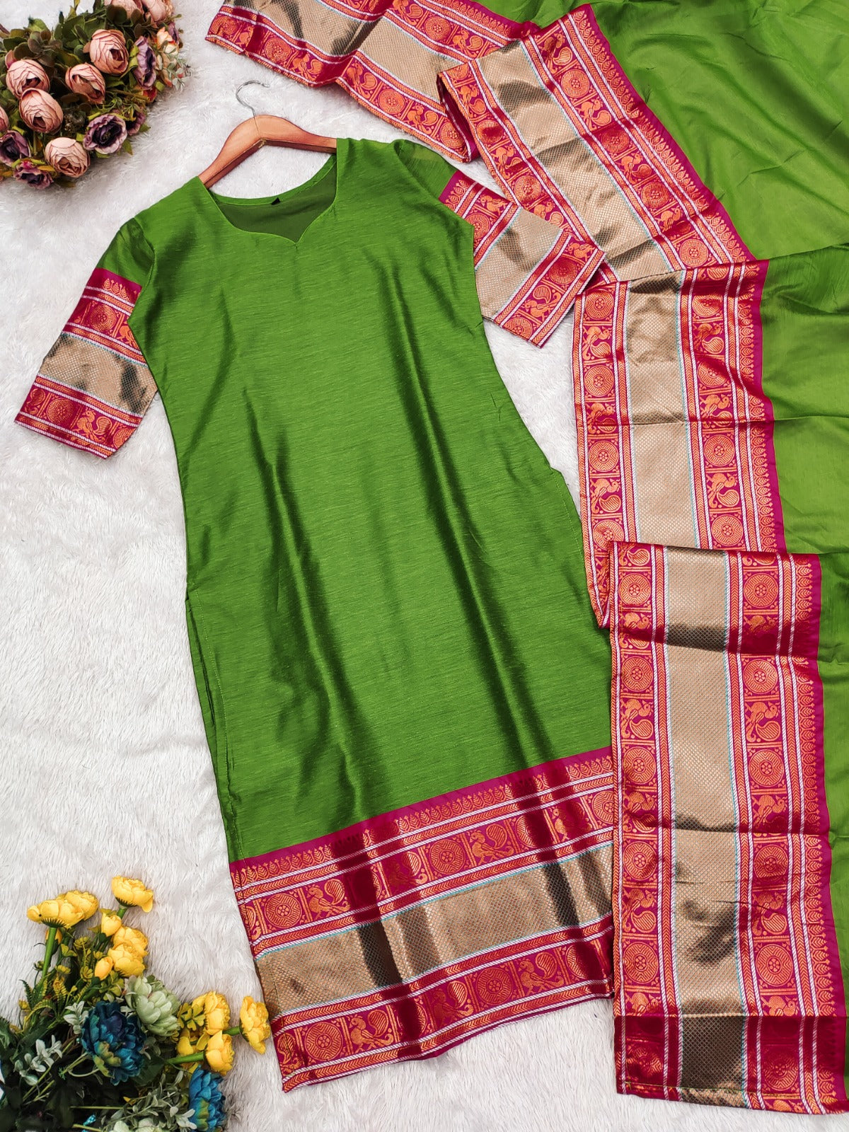 Graceful Parrot Green Straight Kurti Dupatta Set for Women