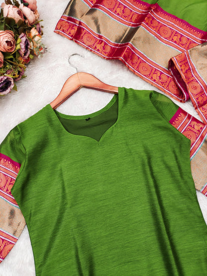 Graceful Parrot Green Straight Kurti Dupatta Set for Women