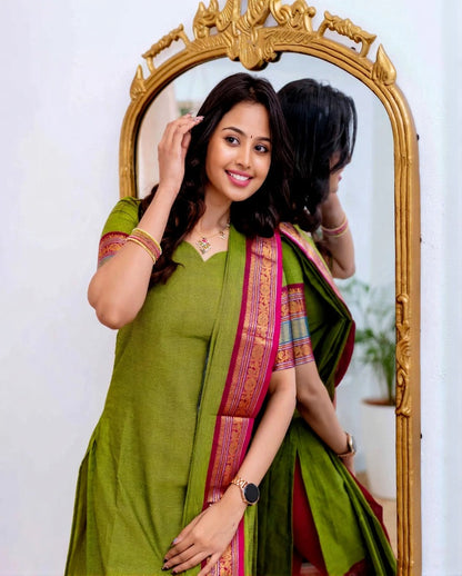 Graceful Parrot Green Straight Kurti Dupatta Set for Women