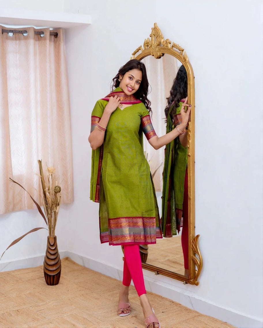 Graceful Parrot Green Straight Kurti Dupatta Set for Women