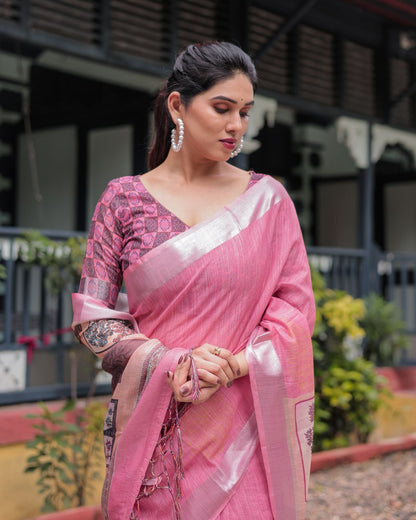 Graceful Pink Linen Saree with Subtle Silver Border for Women