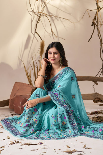 Sea Green Aura Georgette Designer Saree for Women
