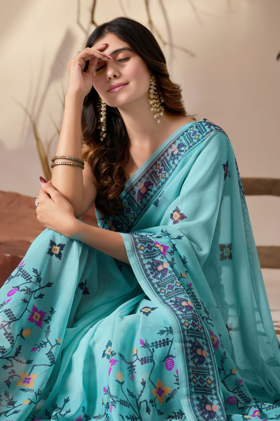 Sea Green Aura Georgette Designer Saree for Women
