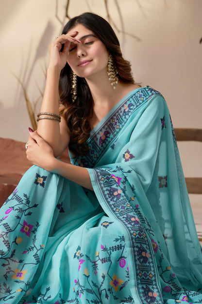 Sea Green Aura Georgette Designer Saree for Women