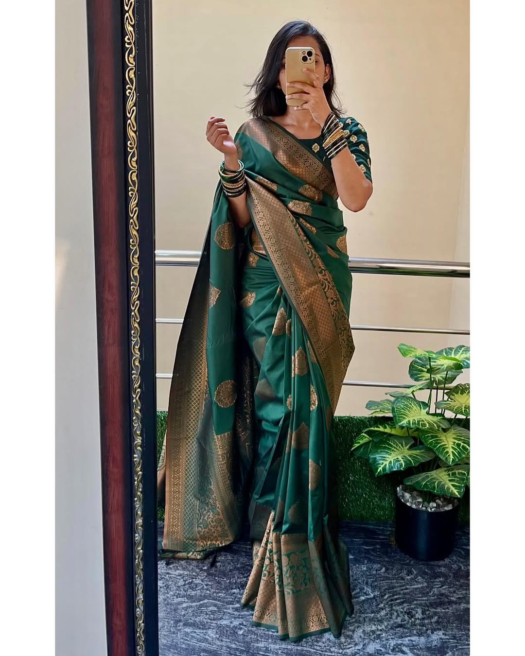 Green Banarasi Silk Saree With Rich Zari Border Work for Women