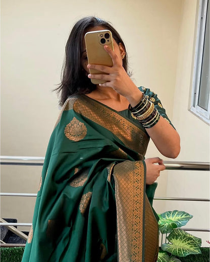 Green Banarasi Silk Saree With Rich Zari Border Work for Women