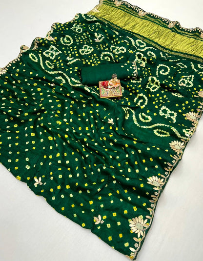 Green Bandhani Viscose Gajji Silk Saree with Gota Patti for Women