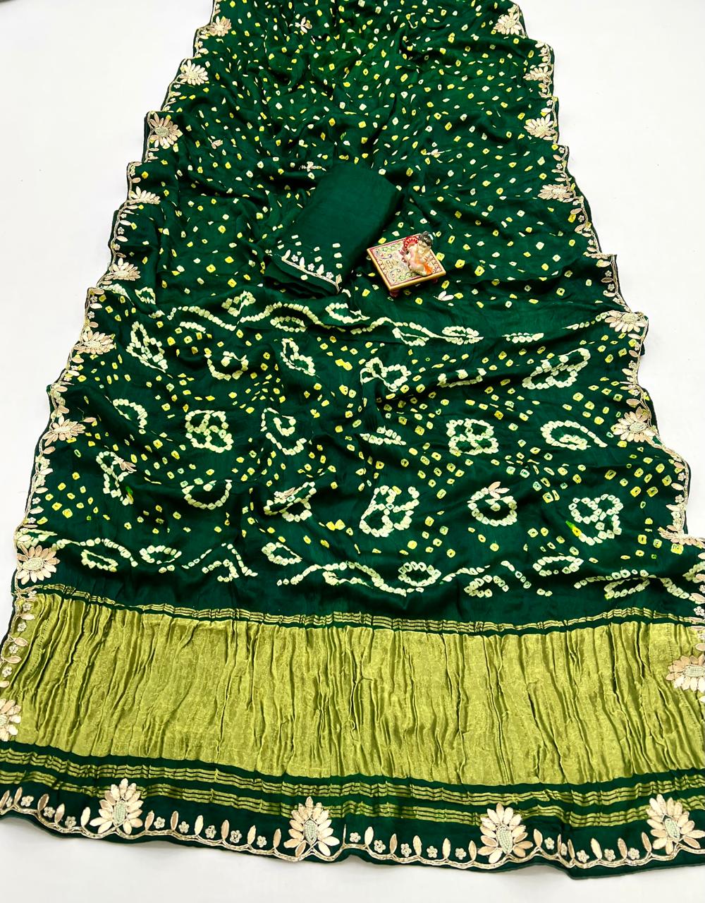 Green Bandhani Viscose Gajji Silk Saree with Gota Patti for Women