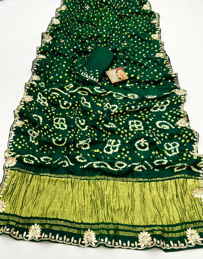Green Bandhani Viscose Gajji Silk Saree with Gota Patti for Women
