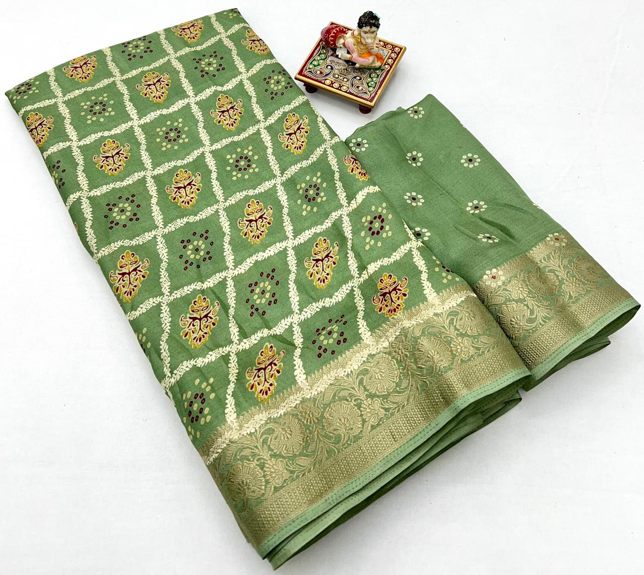 Green Calcutta Moss Georgette Printed Saree With Zari Border